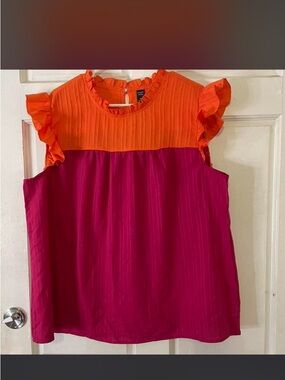 Girls Colorblock Ruffle Sleeve Top - Orange & Magenta